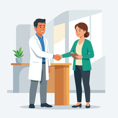 Fototapeta premium Doctor and Patient Handshake in Modern Clinic Office, Vector Illustration
