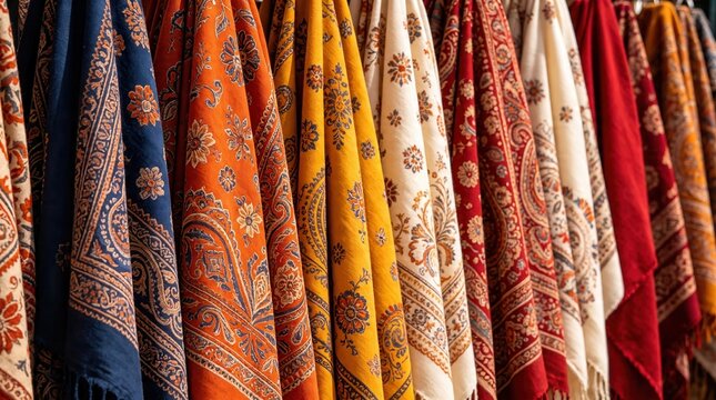 A vibrant display of colorful fabrics with intricate patterns hanging in a row, show different culture suits