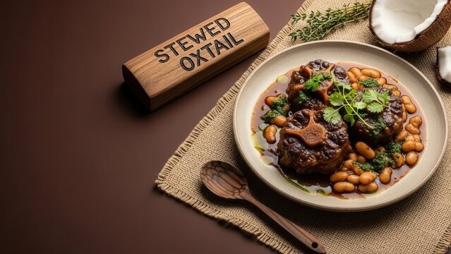 Tender oxtail in rich gravy with butter beans, thyme oil, and micro-cilantro, styled with a hand-carved wooden plaque, a textured woven cotton cloth, a wooden stew spoon, and a coconut shard on a deep