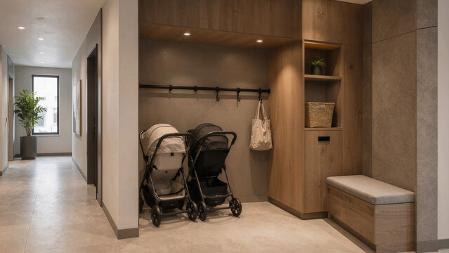 Entryway in a modern building showing two strollers, storage shelves, and potted plant near the wall, taken in a well-lit indoor space during daytime