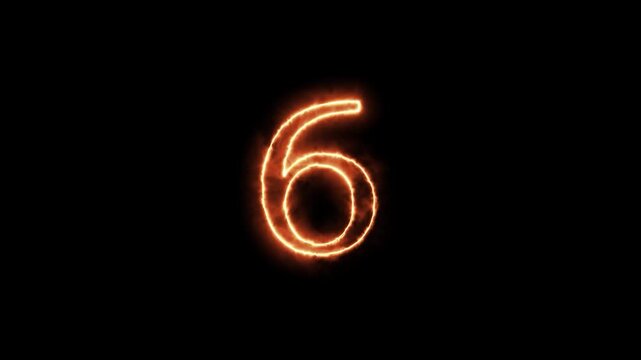 Glowing neon number six animated against dark background with transitioning seamlessly against captures smooth animated stark black backdrop