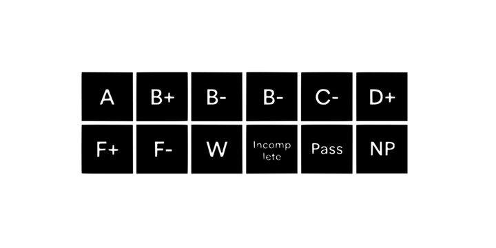 Grade Icons Featuring A, B+, B-, B-, C-, D+, F+, F-, W, Incomplete, Pass, and Np in White Lettering on Black Squares