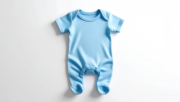 Light blue, short-sleeved baby romper with footies, against a white backdrop