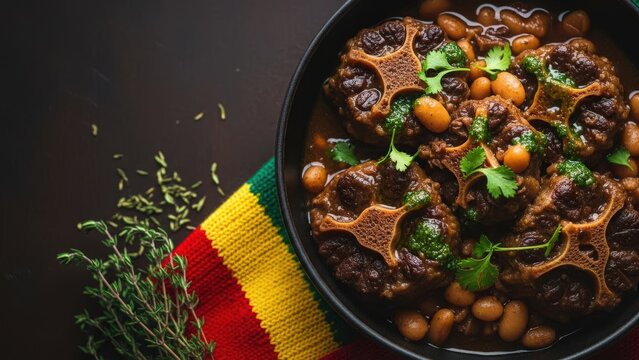 Tender oxtail in rich gravy with butter beans, thyme oil, and micro-cilantro, styled with dried thyme and a colorful striped knit textile on a deep brown background with ample copy space.