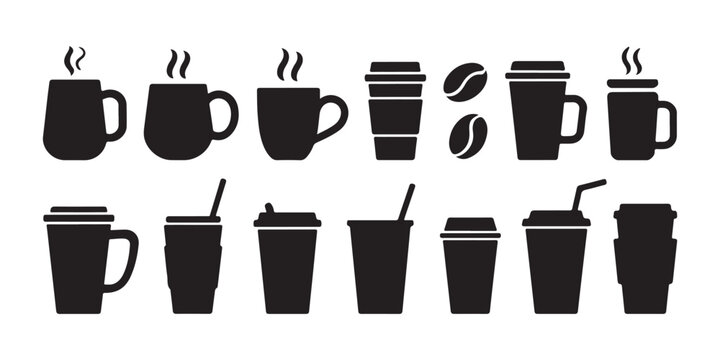 Collection of coffee cups and mugs with lids and straws, various hot and cold drink containers.