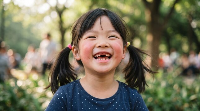 Asian girl child showing front teeth with big smile
