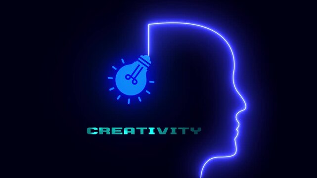 Artistic creativity and original thinking concept featuring glowing profile outline with illuminated bulb symbol