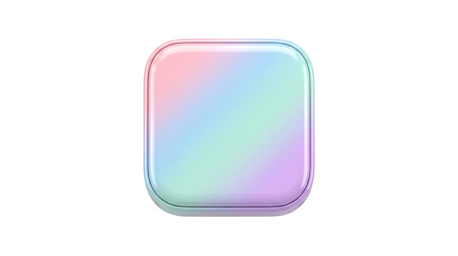 Holographic pastel square button with rounded corners, iridescent 3D glossy icon, soft rainbow gradient app element for mobile interface design isolated PNG with Transparent Background