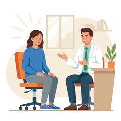 Obraz premium Doctor consulting with a patient in a bright, modern clinic - vector illustration of healthcare and medical consultation.