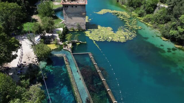 Italy, Umbria , Terni,  drone aerial view of  Nera Gorges a natural oasis close to Narni and Stifone - Mor&igrave;ca Spring and Cala del Mulino are carbonate aquifer  water at 15 degres constant temperature 