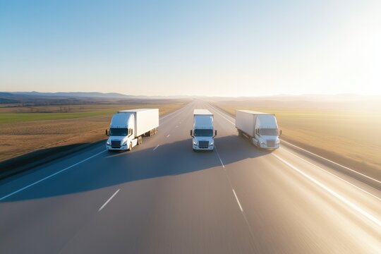 Trucks cruising down an open highway under bright sun, showcasin
