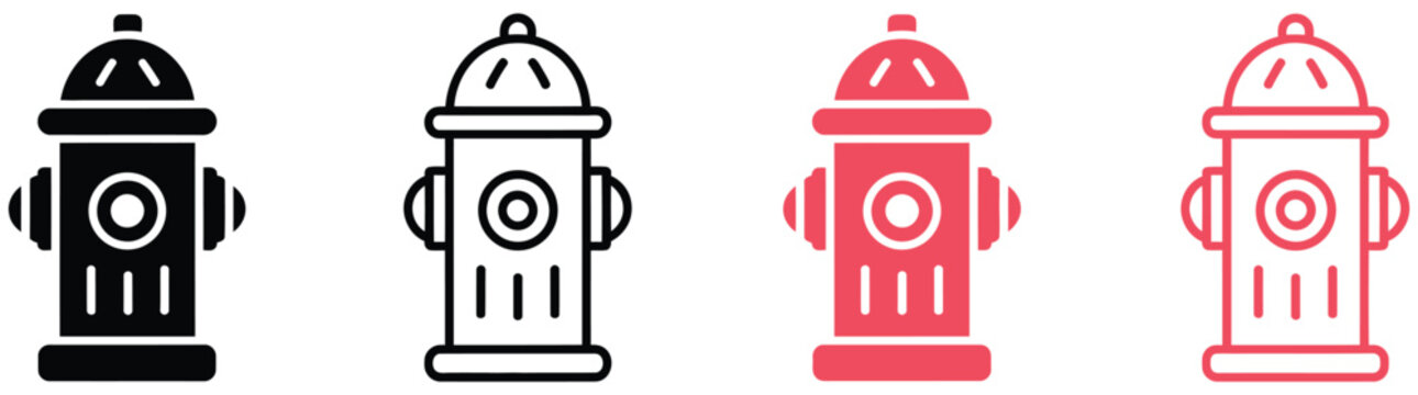 Fire hydrant icons featuring water hydrant symbols for emergency safety equipment firefighting water supply and rescue services, vector design.