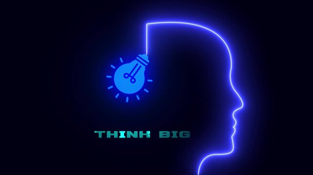 Think big ambitious vision and giant goal setting concept with glowing profile outline and bright idea bulb