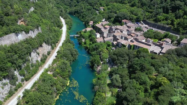 Italy, Umbria , Terni,  drone aerial view of  Nera Gorges a natural oasis close to Narni and Stifone - Mor&igrave;ca Spring and Cala del Mulino are carbonate aquifer  water at 15 degres constant temperature 