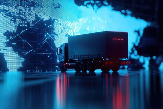 Futuristic truck on illuminated roadway with digital map backdro