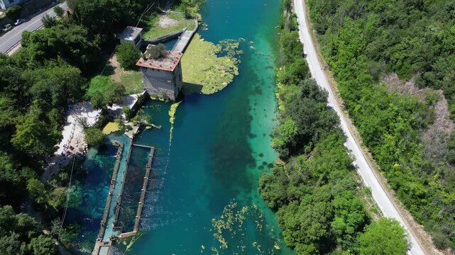 Italy, Umbria , Terni,  drone aerial view of  Nera Gorges a natural oasis close to Narni and Stifone - Mor&igrave;ca Spring and Cala del Mulino are carbonate aquifer  water at 15 degres constant temperature 