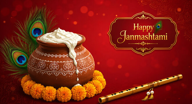 Happy janmashtami greeting card with a traditional clay pot filled with butter, peacock feathers, and a wooden flute on red background