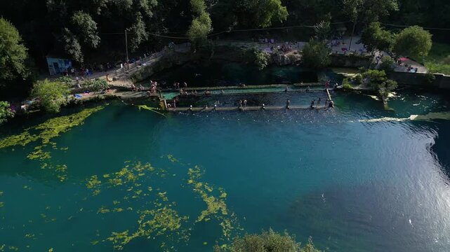 Italy, Umbria , Terni,  drone aerial view of  Nera Gorges a natural oasis close to Narni and Stifone - Mor&igrave;ca Spring and Cala del Mulino are carbonate aquifer  water at 15 degres constant temperature 