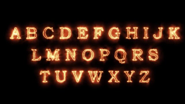 Glowing alphabet letters revealing sequential english characters with radiant glow effect with radiating intense warm light effect glowing uppercase lowercase