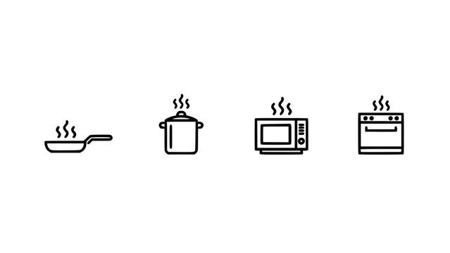 Appliance Icons Set Line-Drawn Kitchen Cooktop Pot Steamer Microwave Oven Illustration on White Background