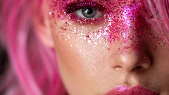 Creative Beauty Portrait with Pink Glitter Makeup