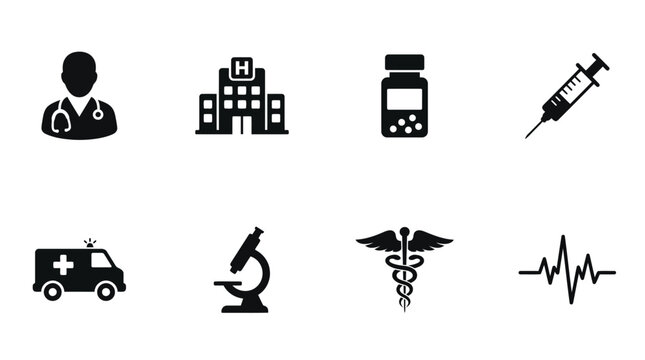 Set of black medical and healthcare icons for hospital and clinic design Vector