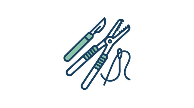 Set of surgical instruments including a scalpel and needle for medical procedures.