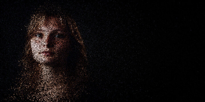 Digital ID Portrait of Woman with Face made up of Data. Two-factor authentication Concept with copy-space.