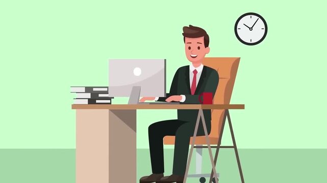 2D Animated Businessman Sitting at Desk Working on Desktop Computer in Modern Office Room Flat Vector Character Animation Footage