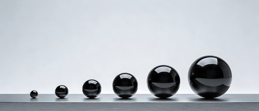 A line of polished black spheres of increasing size on a reflective surface against a light background.