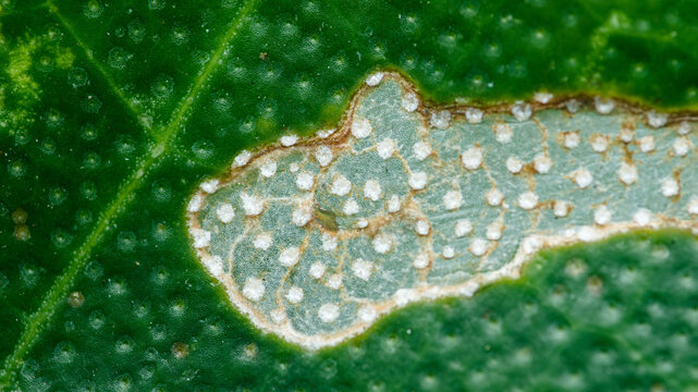 Leaf miner damage on green citrus leaf surface