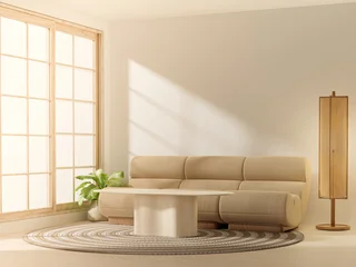 Fototapete Japandi 3D rendering of Minimalist Japandi living room interior with modern sofa and coffee table  © MeepianGraphic