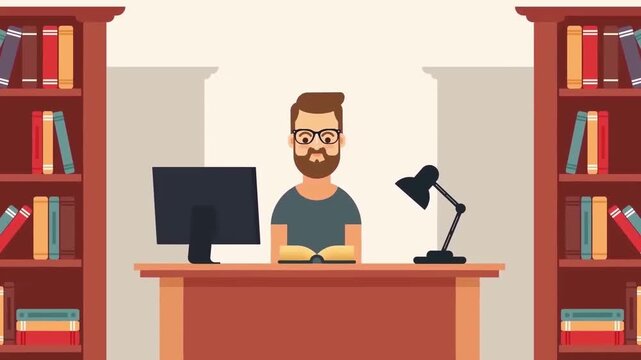 2D Animated Man Sitting at Desk Working on Computer Surrounded by Bookcases in Library Flat Vector Character Animation Footage