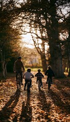 Fototapeta premium Family Cycling Through Autumn Leaves Golden Hour Creates Warmth and Joyful Connection