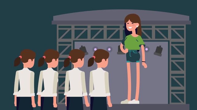 2D Animated Group of School Students Standing in Queue Waiting for Stage Audition Flat Vector Character Animation Footage
