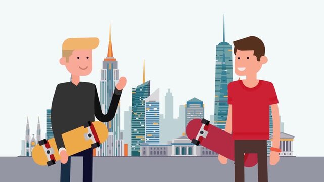 2D Animated Two Male Skateboarders Holding Skateboards Talking in Front of City Skyline Flat Vector Character Animation Footage