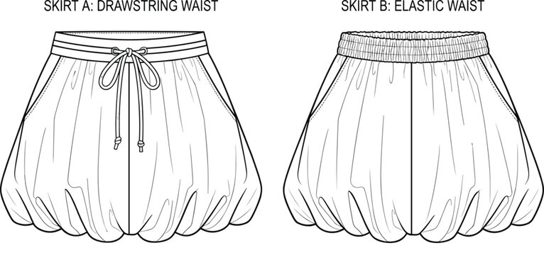 Women bubble balloon skirt technical flat sketches vector template pack featuring drawstring waist and elastic waistband options line art