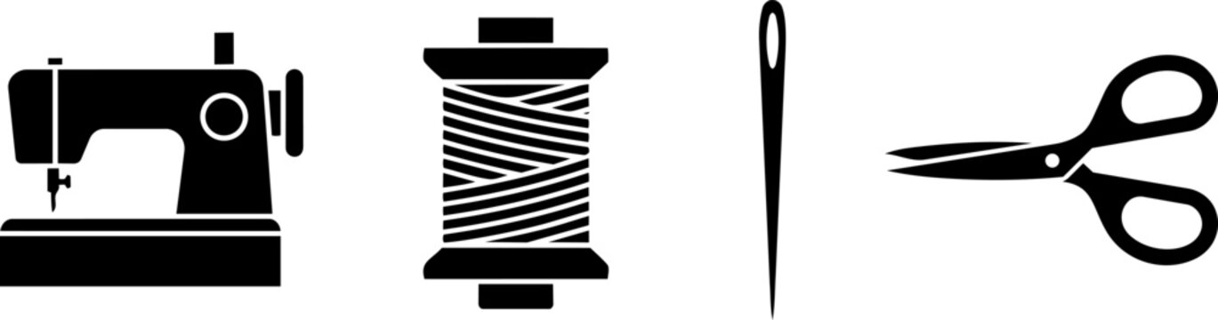 Sewing icons including a classic machine, thread spool, needle, and scissors for tailoring, dressmaking, and creative crafting and flat