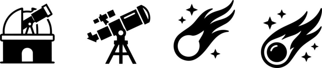 Astronomy icons set featuring observatory dome, optical telescope on tripod stand, shooting star, comet streaks, and celestial sparks and glowing © Laila