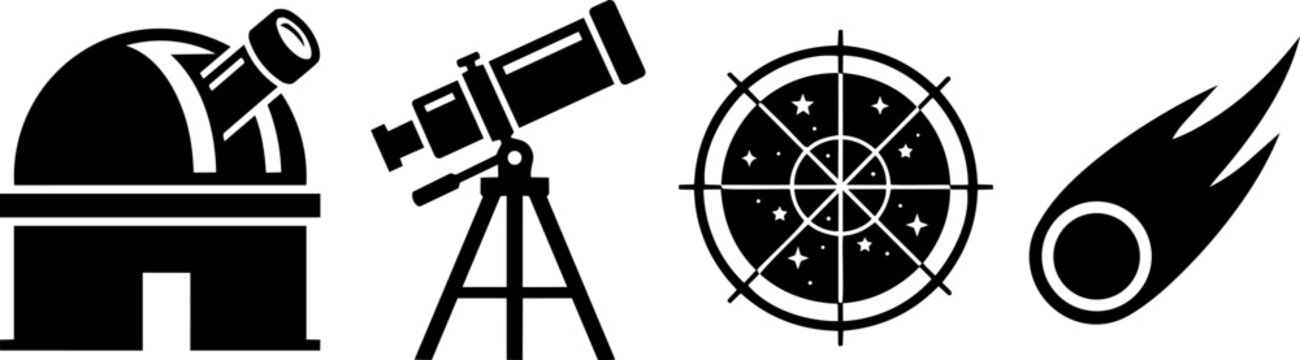 Astronomy and stargazing icons set featuring a celestial observatory dome, telescope on a tripod, star chart wheel, and flying meteor