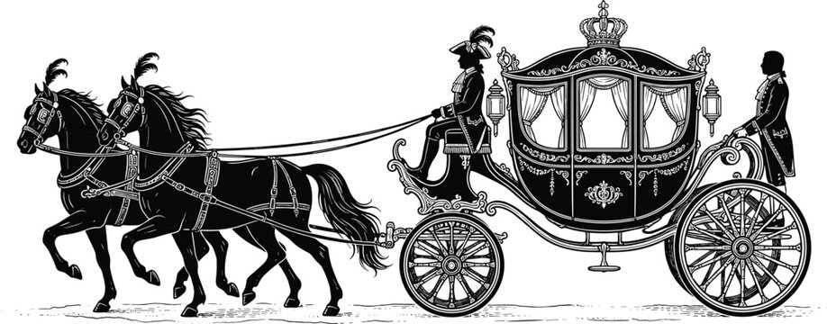 Vintage royal carriage drawn by two horses black line art illustration featuring coachman driver and traditional ornate silhouette detailing