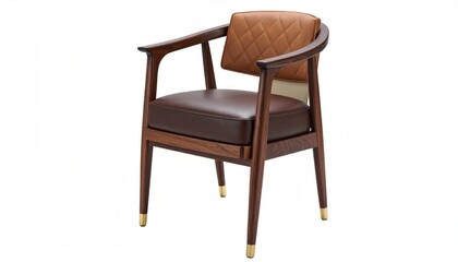 Obraz premium Elegant armchair with wood frame, diamond-stitched brown leather seat & back