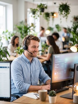 Professional customer service representative working in a modern green office