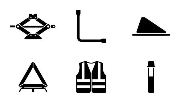 Car Emergency Kit Icons, Safety Gear Vector Set, Roadside Assistance Tools