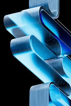 3D abstract technology fold twisting through open black space.