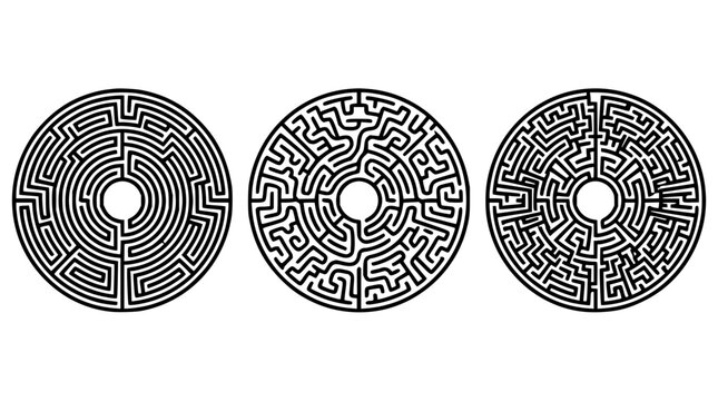 Circular maze designs set with geometric patterns featuring concentric circles, labyrinth motifs, and abstract shapes with clean lines and symmetry