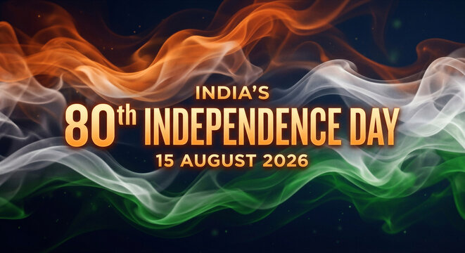 80th Indian Independence Day 2026 - Festive Banner with Wavy Flag Colors and Text