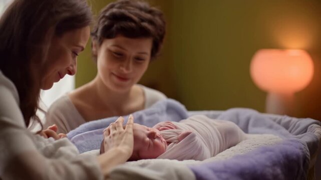 Two women interact lovingly with a swaddled newborn baby in a cozy indoor setting, soft lighting and warm colors creating a nurturing atmosphere