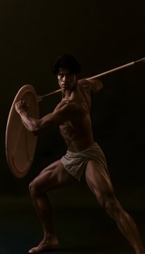 Classical hero poised in dynamic action a terracotta warrior embodying strength and ancient mythic power