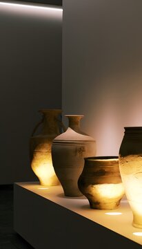 Ancient pottery glows softly under museum lights revealing timeless beauty and historical significance